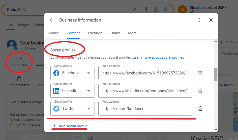 google business profile social profiles